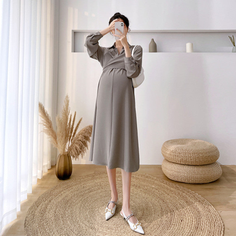 Women's Elegant Lapel Long Maternity Dress