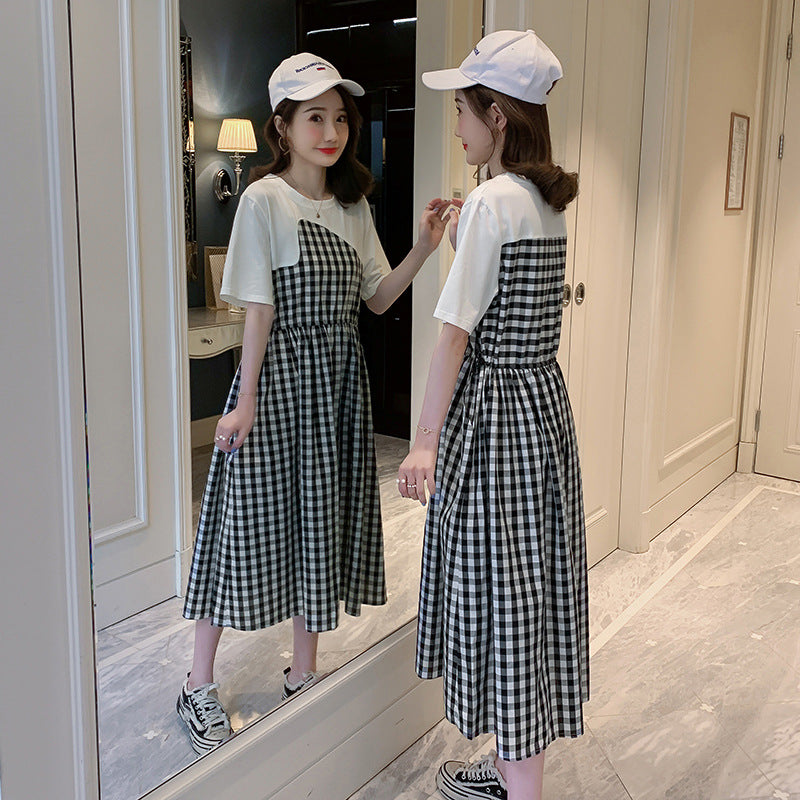 Plaid stitching maternity dress