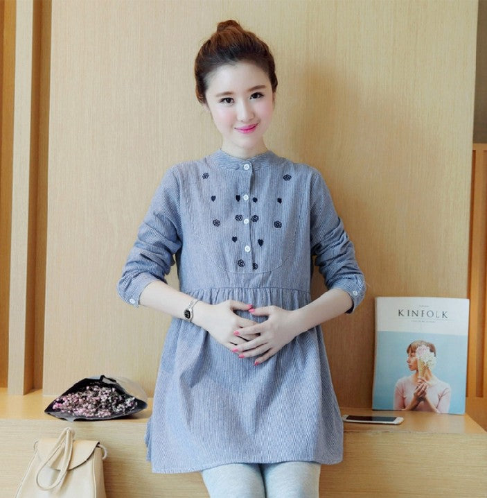 Maternity Collar Striped Embroidery Maternity Top