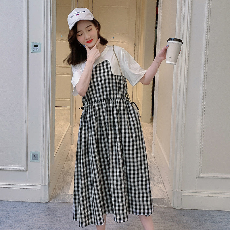 Plaid stitching maternity dress
