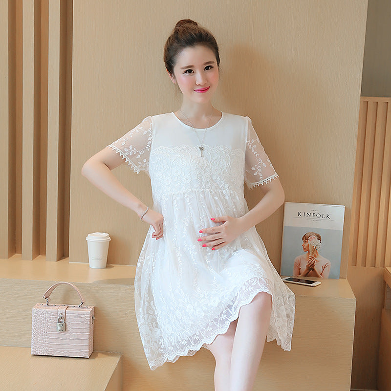 Summer Korean shirt lace crochet flower maternity dress