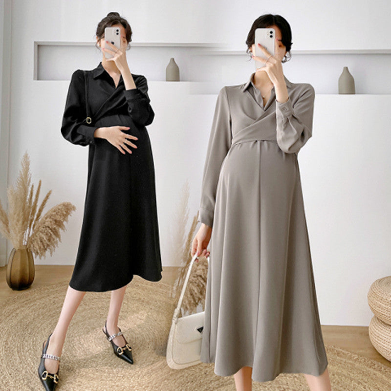 Women's Elegant Lapel Long Maternity Dress