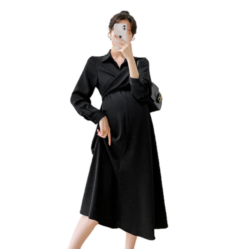 Women's Elegant Lapel Long Maternity Dress