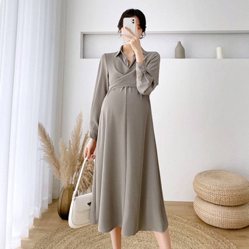 Women's Elegant Lapel Long Maternity Dress