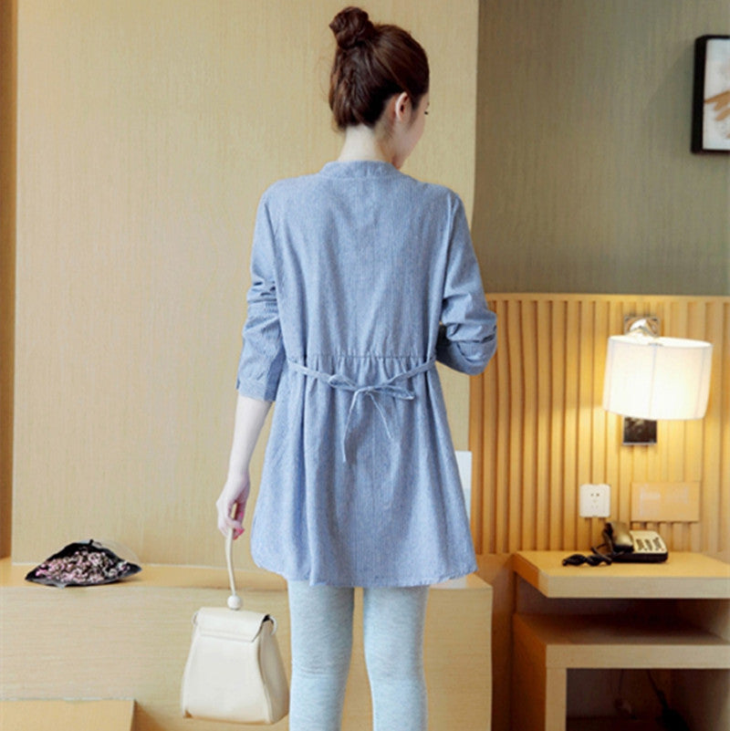 Maternity Collar Striped Embroidery Maternity Top