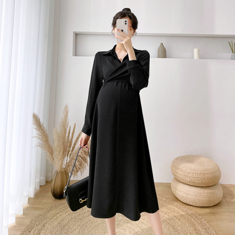 Women's Elegant Lapel Long Maternity Dress