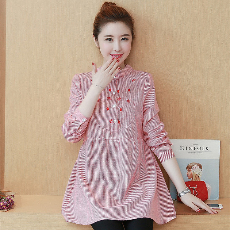 Maternity Collar Striped Embroidery Maternity Top