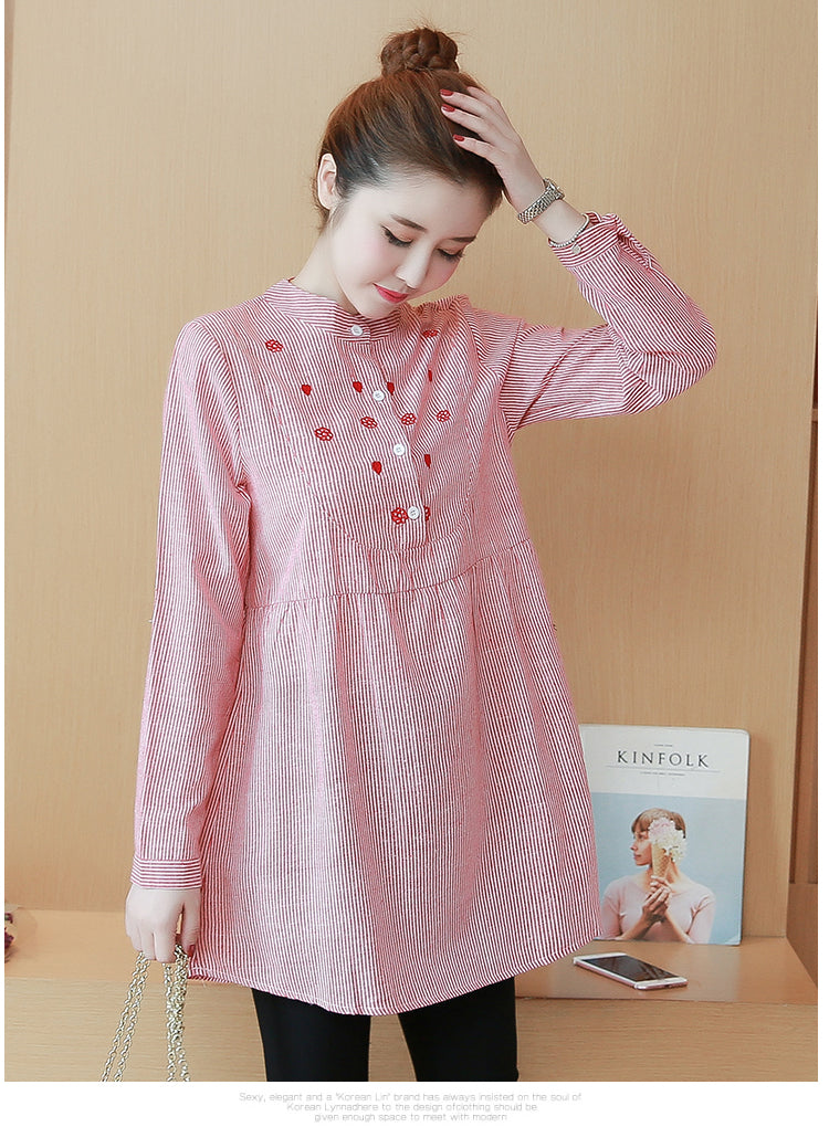 Maternity Collar Striped Embroidery Maternity Top